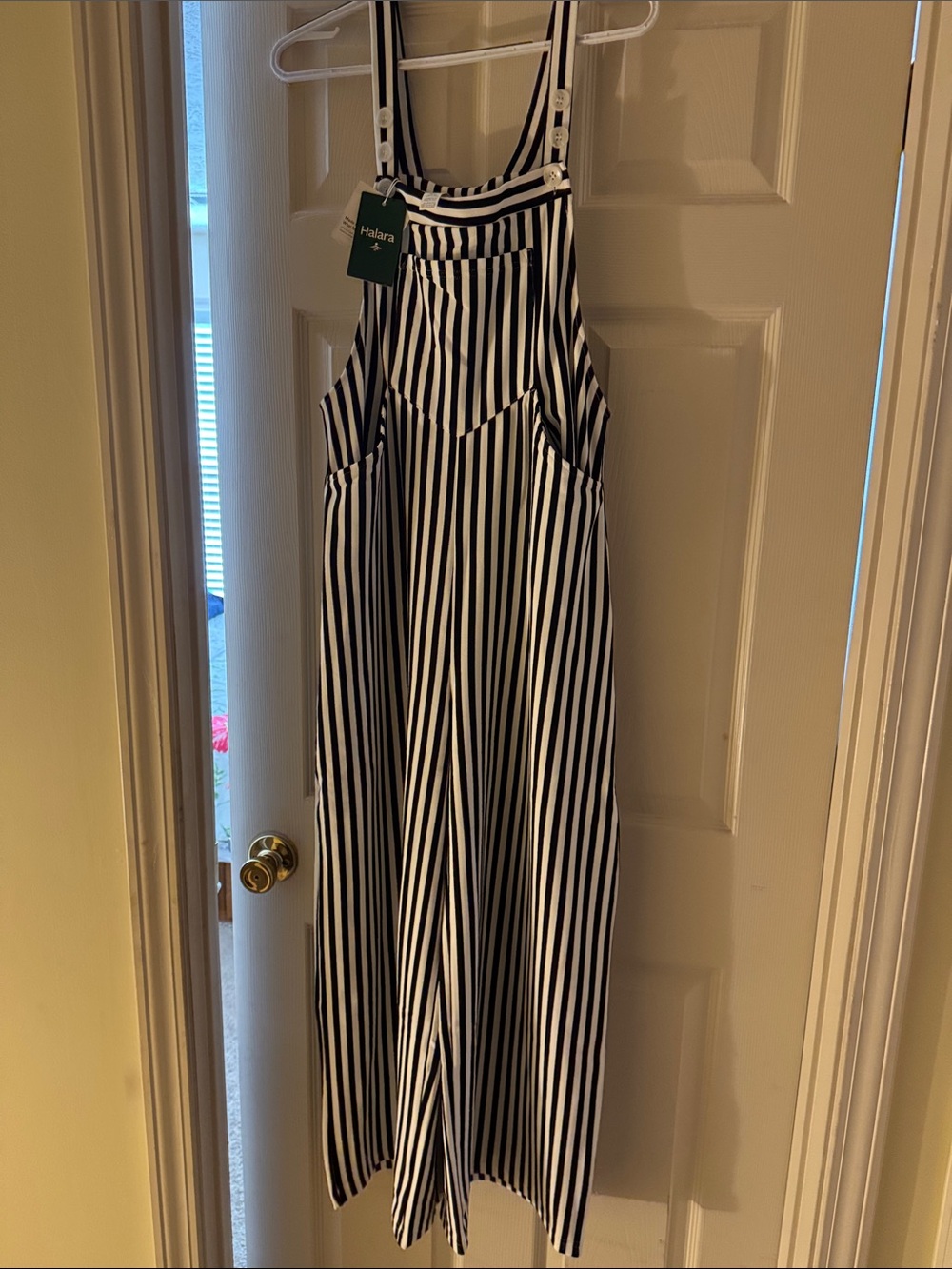 Halter-Style Black & White Vertical Stretchy Stripe Jumpsuit